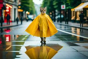 un' gatto nel un' giallo impermeabile a piedi giù un' strada. ai-generato foto