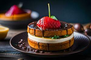 un' fragola e cioccolato torta su un' piatto. ai-generato foto