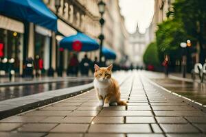 un' gatto seduta su il marciapiede nel un' città. ai-generato foto