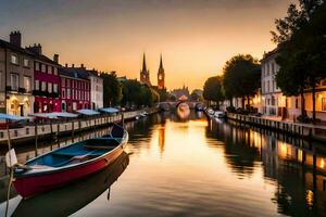 un' barca è attraccato nel un' canale a tramonto. ai-generato foto