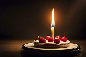 un' singolo candela è illuminato su un' torta con fragole. ai-generato foto