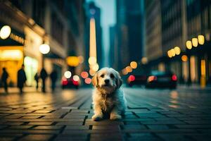 un' cane seduta su il strada nel un' città a notte. ai-generato foto