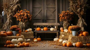 autunno e autunno meravigliosamente decorato fienile seduta la zona con zucche, zucche e posti a sedere - generativo ai. foto