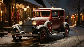 classico Vintage ▾ auto parcheggiata al di fuori il festosamente Natale decorato negozi. generativo ai. foto