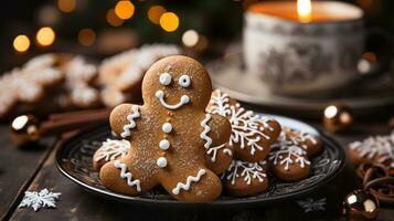 Natale Pan di zenzero uomo biscotti su un' piccolo piatto amist il decorazioni. generativo ai. foto