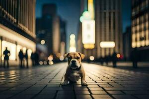 un' cane seduta su il terra nel un' città a notte. ai-generato foto