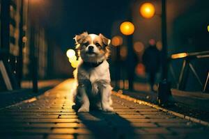 un' cane seduta su un' mattone passerella a notte. ai-generato foto