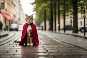 un' gatto indossare un' rosso capo su un' strada. ai-generato foto