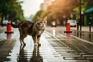 un' gatto a piedi su un' bagnato strada nel il pioggia. ai-generato foto