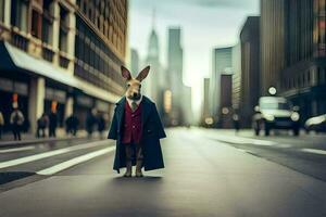un' coniglio nel un' cappotto e cravatta in piedi su il strada. ai-generato foto
