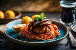 un' piatto con spaghetti e carne su esso. ai-generato foto