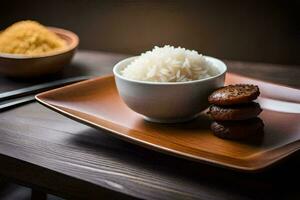 un' piatto di riso e un' ciotola di riso siamo su un' di legno tavolo. ai-generato foto