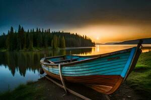 un' barca si siede su il riva di un' lago a tramonto. ai-generato foto