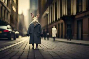 un' coniglio nel un' cappotto in piedi su un' strada. ai-generato foto