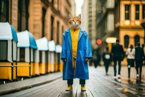 un' gatto indossare un' blu cappotto e giallo scarpe. ai-generato foto