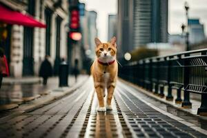 un' gatto a piedi su un' città strada. ai-generato foto