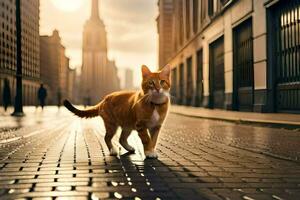 un arancia gatto a piedi attraverso un' città strada. ai-generato foto