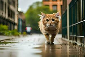 un' gatto a piedi su un' bagnato strada. ai-generato foto