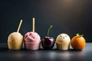 diverso ghiaccio crema sapori nel cupcakes su un' nero sfondo. ai-generato foto