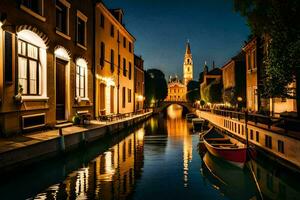 un' canale nel il mezzo di un' città a notte. ai-generato foto