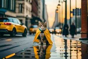 un' gatto nel un' giallo impermeabile in piedi su un' città strada. ai-generato foto