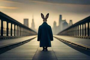 un' coniglio indossare un' cappotto e cappello sta su un' ponte. ai-generato foto
