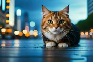 un' gatto è seduta su il terra nel davanti di un' città. ai-generato foto