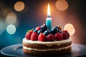 un' compleanno torta con frutti di bosco e un' illuminato candela. ai-generato foto