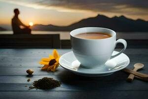 un' tazza di tè su un' di legno tavolo con un' tramonto nel il sfondo. ai-generato foto