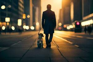 un' uomo a piedi il suo cane nel il città a tramonto. ai-generato foto