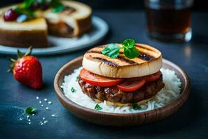 un' Hamburger con pomodori e formaggio su un' piatto. ai-generato foto