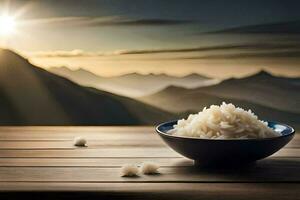 un' ciotola di riso su un' di legno tavolo nel davanti di un' montagna. ai-generato foto