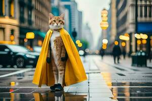 un' gatto vestito nel un' giallo capo in piedi su un' città strada. ai-generato foto