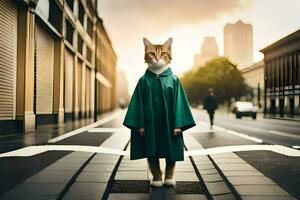 un' gatto nel un' verde cappotto in piedi su un' strada. ai-generato foto