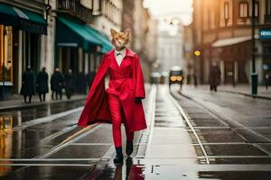 un' donna nel rosso cappotto a piedi giù un' strada. ai-generato foto