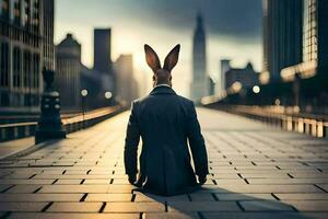 un' coniglio indossare un' completo da uomo e cravatta si siede su il terra nel davanti di un' città. ai-generato foto