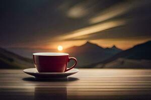 un' tazza di caffè su un' tavolo nel davanti di un' montagna. ai-generato foto