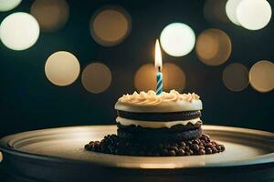 un' compleanno torta con un' singolo candela su superiore. ai-generato foto