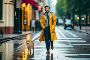 un' uomo nel un' giallo impermeabile e cravatta a piedi il suo gatto su un' bagnato strada. ai-generato foto