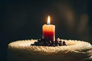 un' candela è illuminato su superiore di un' torta. ai-generato foto