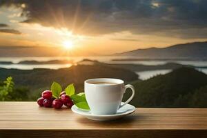 un' tazza di caffè e ciliegie su un' di legno tavolo con un' Visualizza di il montagne. ai-generato foto