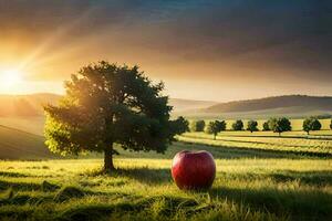 un Mela è seduta su un' erboso campo con un' albero nel il sfondo. ai-generato foto