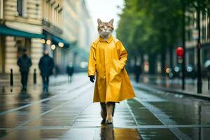 un' gatto nel un' giallo impermeabile a piedi giù un' strada. ai-generato foto