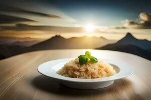 un' piatto di riso con un' montagna Visualizza. ai-generato foto