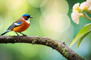 un' colorato uccello si siede su un' ramo nel davanti di un' fiore. ai-generato foto