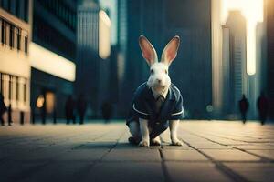 un' coniglio nel un' completo da uomo è in piedi nel il mezzo di un' città. ai-generato foto