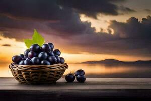 foto sfondo tramonto, il cielo, mare, acqua, frutta, uva, cestino, cestino,. ai-generato