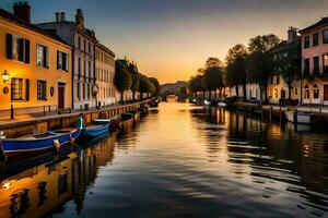 Barche siamo attraccato lungo un' canale a tramonto. ai-generato foto