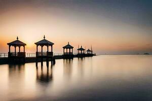 il sole imposta al di sopra di il acqua e gazebo. ai-generato foto