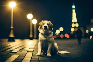 un' cane seduta su il strada a notte con luci nel il sfondo. ai-generato foto